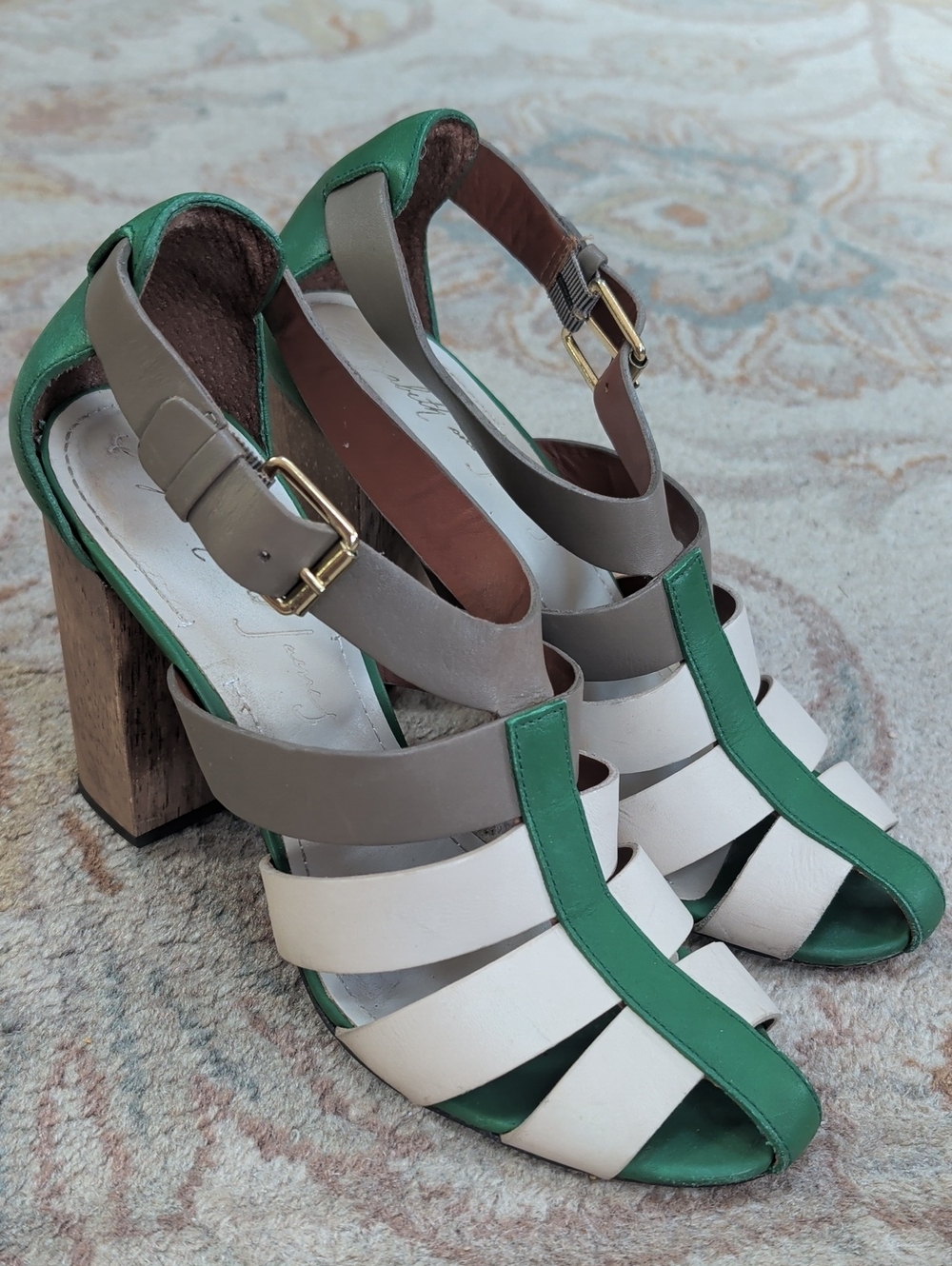Elizabeth and James Celia Retro Green, White & Taupe Strappy Block Heel Sandals